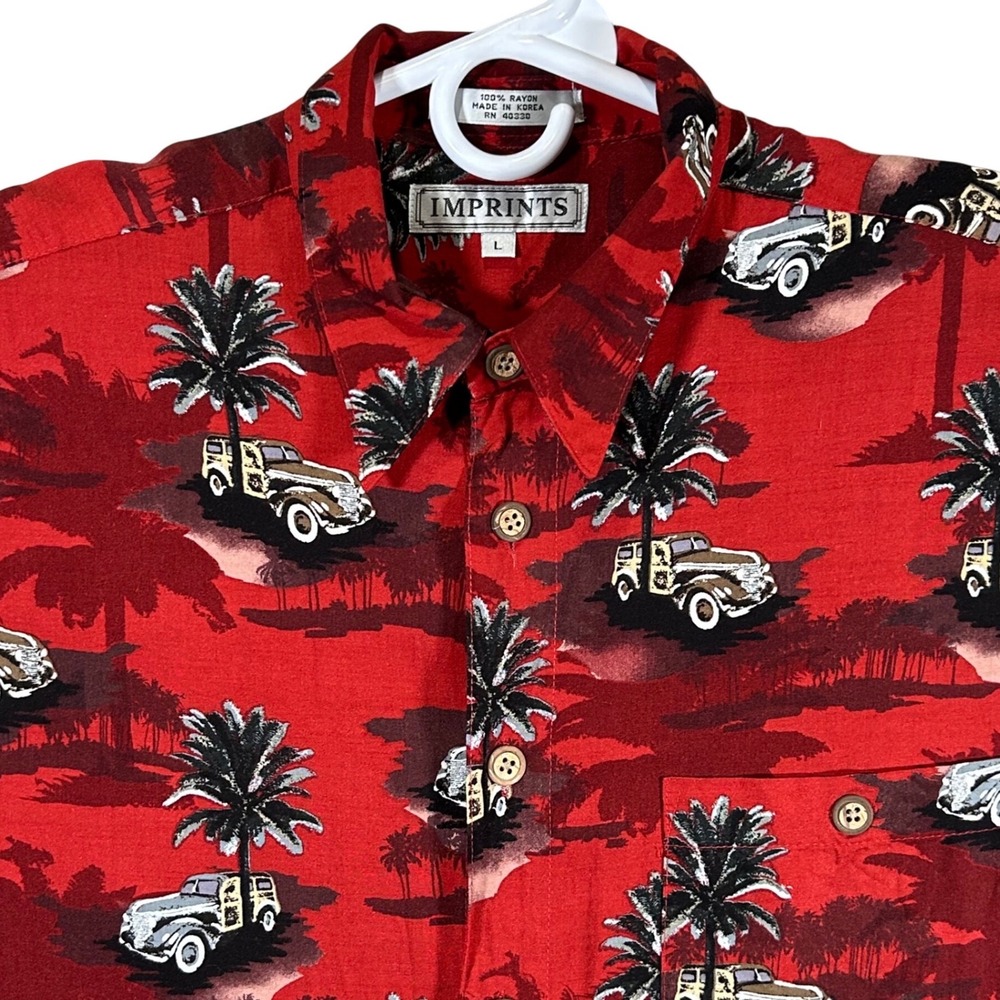 Imprints Mens Red Rayon Aloha Shirt Vintage Woody Wagon Palm Tree Print Large